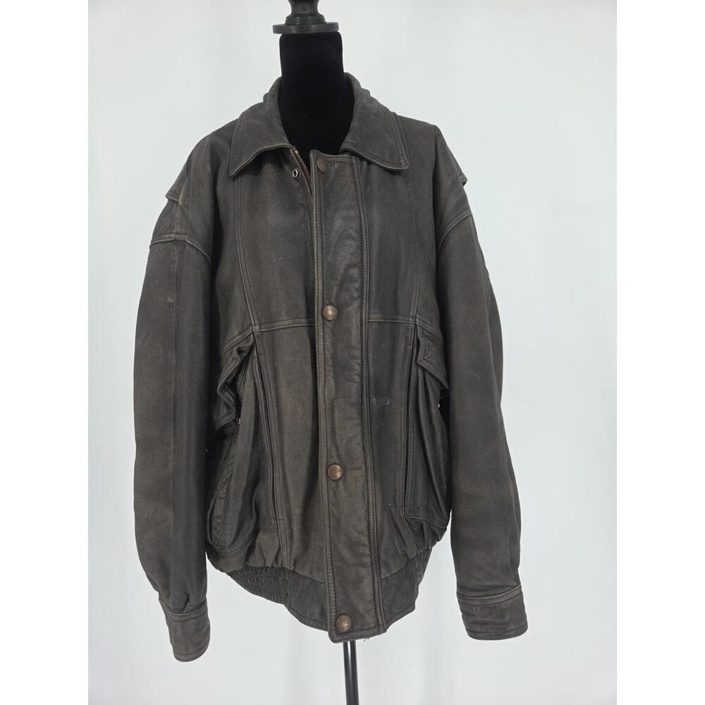 Vintage Canyon Ridge Mens Distressed Brown Leather Bomber Jacket Size 2XB 1990s
